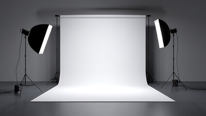 Empty modern photo studio with white background, professional lighting, camera, tripod, and strobe. Clean interior, perfect for fashion, product, portrait, commercial photography, and creative.