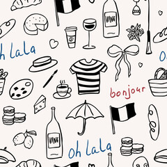 Hand drawn doodle Parisian seamless pattern