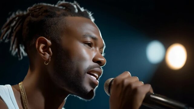 Young african male singer performing on stage with microphone