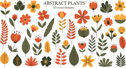 Abstract plant elements, modern floral vector, decorative leaf shapes, minimal botanical graphics, warm color palette, nature design assets, creative illustration bundle © Ideasy Mind