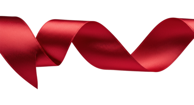 Extreme macro close-up of a vibrant crimson red satin ribbon with V-cut end, unfurling dynamically with raking light, isolated on transparent. Concept of luxury and motion