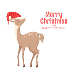Vector illustration with cute hand drawn deer in Santa hat and lettering Merry Christmas and Happy New Year isolated on white background. Holiday animal design for print, card, poster