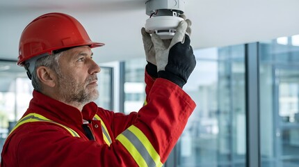 Professional male technician in a red hard hat installing a smoke detector on the ceiling of an office for fire safety