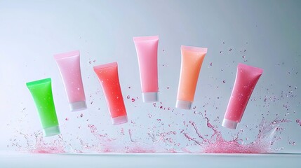 A collection of colorful cosmetic tubes floating in a dynamic pink liquid splash against a soft, gradient background. The scene is illuminated with soft studio