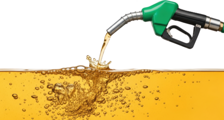 Green fuel nozzle pouring liquid into yellow liquid creating bubbles and splashes isolate gasoline energy gas transport vehicle car automobile station