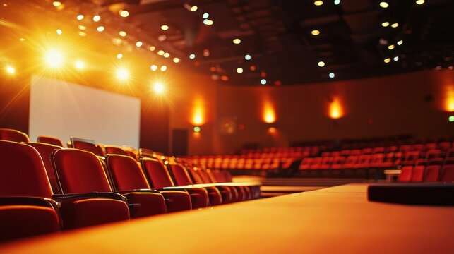 Empty movie theater with red chairs and a blank screen.