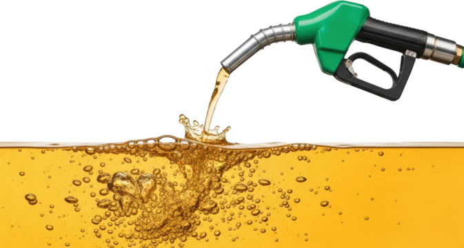 Green fuel nozzle pouring liquid into yellow liquid creating bubbles and splashes isolate gasoline energy gas transport vehicle car automobile station