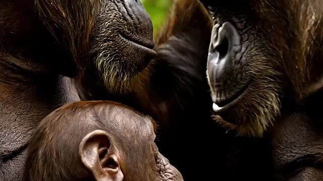 Chimpanzee family interacting with each other in a close up