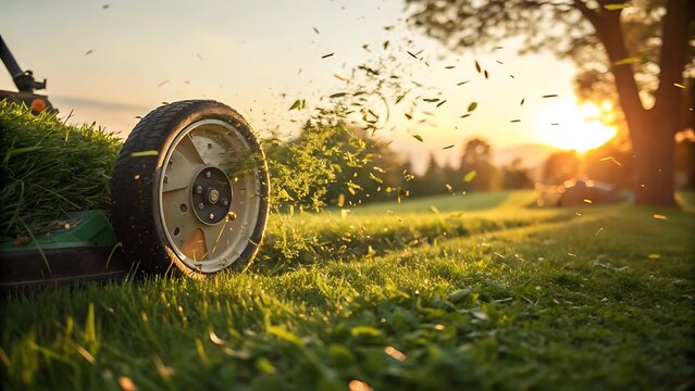 Lawnmower wheel cutting fresh green grass at golden hour sunset - Powered by Adobe