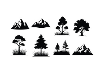 Mountain and Tree Silhouette Icon Set &ndash; Nature Landscape Vector Collection