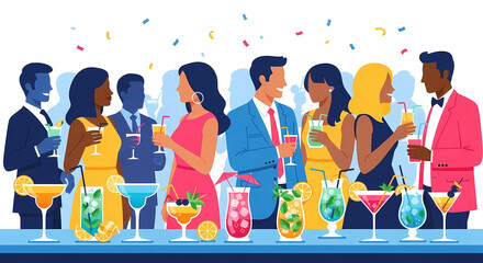 A vibrant illustration of a diverse group of people celebrating, standing closely together, with colorful confetti falling around them. Represents party, success, unity, and multi-cultural celebration