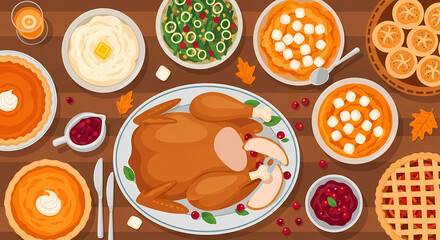 A rich, top-down (flat lay) photo or illustration showing a complete Thanksgiving or holiday dinner spread, centered around a roasted turkey with numerous side dishes like pies, cranberry sauce