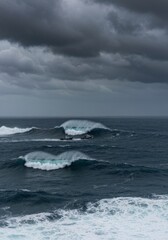 Fototapeta premium Dark Pacific sea with monstrous waves and black clouds overhead, cinematic horror style