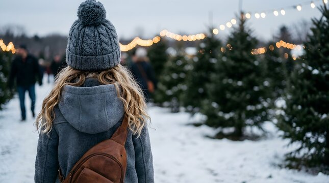 Rear view of a blonde woman in a gray knit hat searching for a Christmas tree at a snowy farm during the festive holiday season - Powered by Adobe