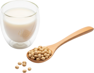 A glass of milky white liquid with soybeans and a wooden spoon filled with soybeans isolate Soy milk drink beverage healthy organic natural food agriculture