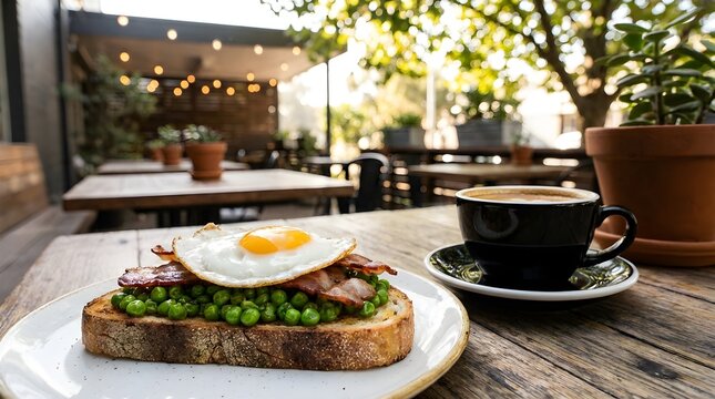 Gourmet open-faced sandwich featuring a fried egg, crispy bacon, and green peas, served with hot coffee for brunch at a cafe