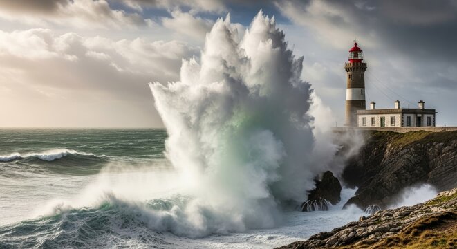 Lighthouse on the rocky coast, bathed in light against the stormy ocean waves and dramatic sky