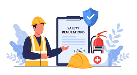A smiling worker in a yellow vest points to a safety regulations clipboard, surrounded by a hard hat, fire extinguisher, and first aid kit to emphasize the vital importance of workplace compliance