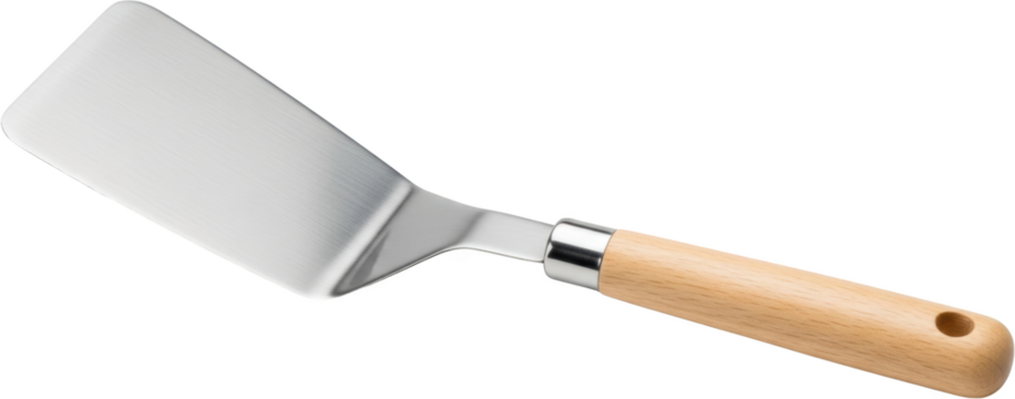 A Stainless Steel Spatula With A Brushed Finish And A Light Wood Handle Featuring A Hole At The End For Hanging Isolated Transparent Background Kitchen Utensil Transparent Background