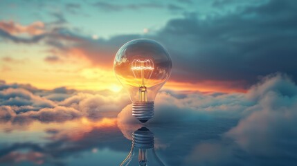 A glowing light bulb with a reflection of a sunset sky and clouds.