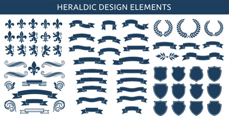 Heraldic design elements, fleur-de-lis icons, lion rampant symbols, ribbon banners, laurel wreaths, shield shapes, scrollwork, vintage emblems, coat of arms graphics © Ideasy Mind