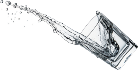 Clear liquid splashing out of a tilted glass dynamic droplets isolate water pouring spill wet fluid motion ice transparent clean refreshment drink beverage