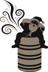 Christmas holiday vector illustration of Santa Claus or father Christmas silhouette with sack of toys coming down a chimney with abstract swirl design on isolated background for festive design.