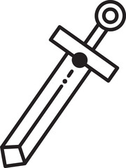 Minimalist black line art icon of a medieval broadsword with a geometric blade and ring pommel.