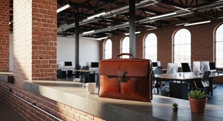 Elegant leather briefcase in modern industrial office setting