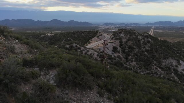 Cable Carril&rsquo;s old mining lines and ruins cut through hills near Chilecito, La Rioja, Argentina.