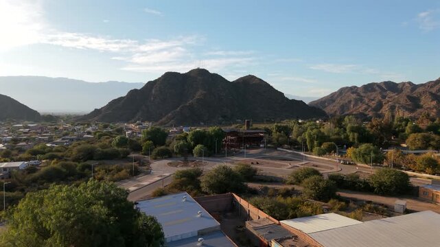 Aerial view of Estaci&oacute;n 1 Cable Carril historic mining site and mountains in Chilecito, La Rioja, Argentina.