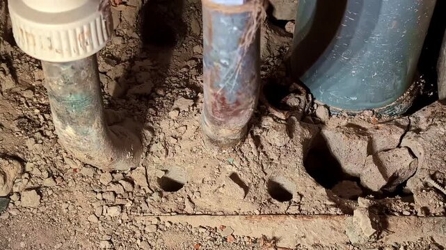 Exposed plumbing pipes and cracked concrete at interior construction site