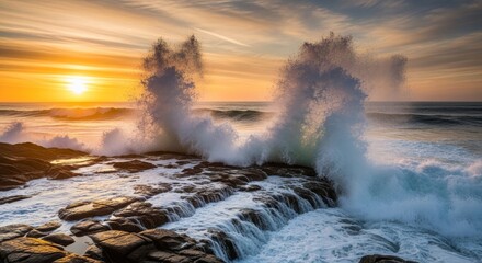 Fototapeta premium Sunset over the river and sea with clouds, and hot volcanic steam geyser eruption in the Yellowstone national park landscape of nature and travel