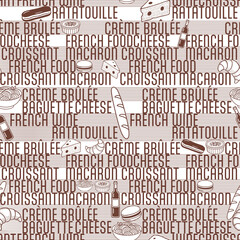 French cuisine text seamless pattern in light orange tones