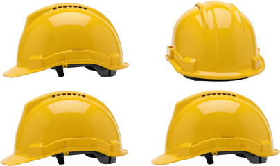 Four yellow hard hats shown from different angles safety equipment protective headwear isolate construction helmet protective gear industrial work safety helmet