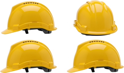 Four yellow hard hats shown from different angles safety equipment protective headwear isolate construction helmet protective gear industrial work safety helmet