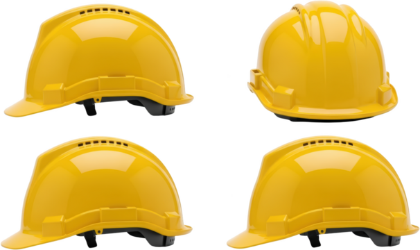 Four yellow hard hats shown from different angles safety equipment protective headwear isolate construction helmet protective gear industrial work safety helmet - Powered by Adobe
