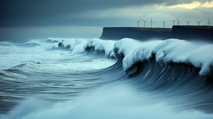 Powerful ocean waves crash against a cliffside where wind turbines stand against a dramatic, cloudy sky. The scene evokes a sense of raw nature and renewable en