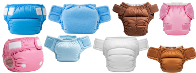 Eight cloth diapers in various colors, including blue, pink, brown, and white, are arranged in a grid.