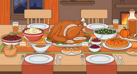 An illustration showing a formal dining table set for a traditional holiday meal, featuring a large roasted turkey, mashed potatoes, cranberry sauce, and various side dishes.
