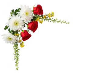 Beautiful corner arrangement of vibrant red roses and white chrysanthemum flowers with small yellow accent blooms, isolated on transparent background