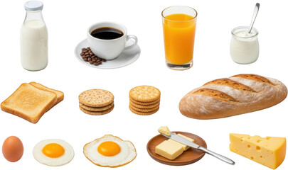 Assortment of breakfast food items including milk coffee orange juice yogurt toast crackers bread eggs butter and cheese isolate meal drink beverage dairy