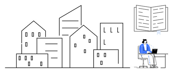 Urban architecture. A minimalistic depiction of city buildings, remote work, and knowledge sharing. Urban architecture connects work, technology, and education concepts. For design, education