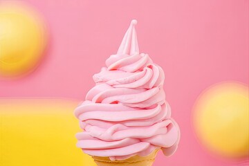 Vibrant Pink Soft Serve Ice Cream Cone on Abstract Background