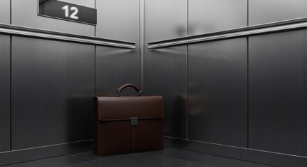 Brown leather briefcase on floor of metallic elevator interior with floor number 12 displayed