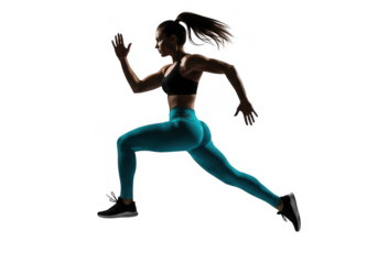Silhouette of athletic woman running or sprinting in dynamic motion, isolated on transparent background