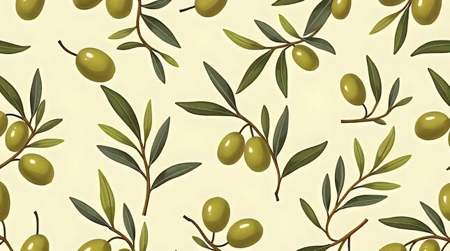 Premium green olives with olive branches, seamless vector pattern on a Mediterranean beige background, ideal for olive oil branding, fine packaging, and rustic home d&eacute;cor patterns.