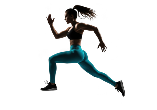 Silhouette of athletic woman running or sprinting in dynamic motion, isolated on transparent background