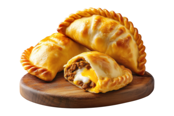 Fried baked pastry empanadas filled with ground beef cheese ham and crimped edges on wooden plate, isolated on white transparent background, concept of traditional Argentina snack