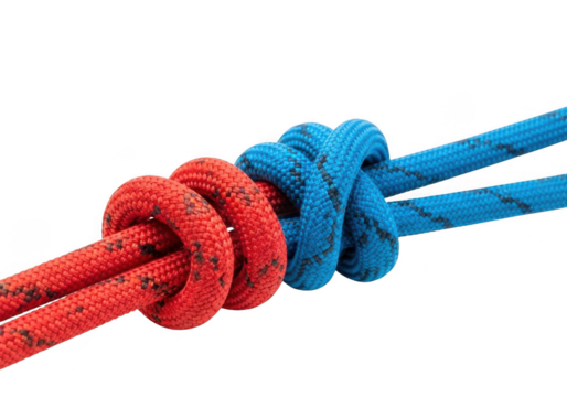 Closeup of a red and blue climbing rope tied together with a secure double fishermans knot isolated on transparent background